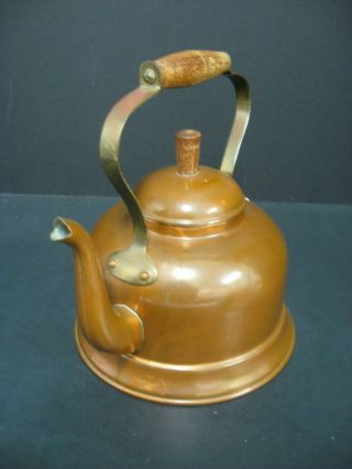 Vintage Copper Tea Pot Kettle Made In Portugal Porce Wooden Wood Handle Knobs