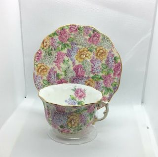 Vintage Hammersley Floral Yellow,  Pink,  Lavendar Chintz Tea Cup And Saucer