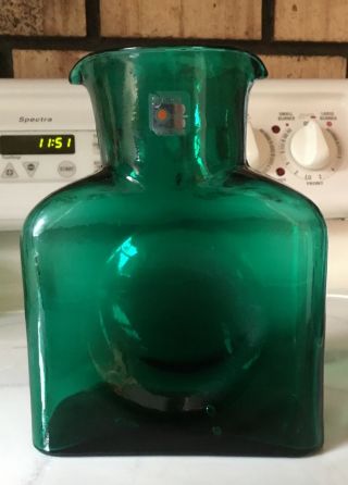 Vtg.  Blenko Green Blue Glass Double Spout Water Bottle Carafe - Block B Sticker