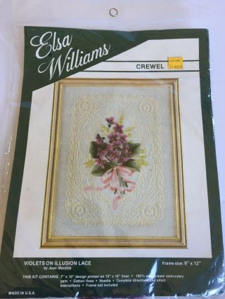 Nip Vintage Elsa Williams Crewel Embroidery Kit Violets On Illusion Lace