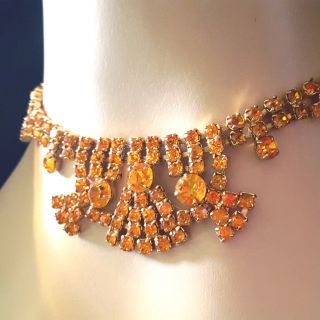 Vtg 1940s - 1950s 14 " Amber/gold Rhinestone Choker Necklace Tiered - Regal & Glam