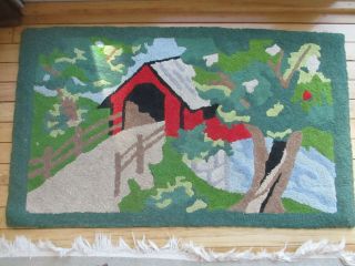 Hand Hooked Rug W/red Covered Bridge & Stream,  Made In Maine Vintage,  Colorful