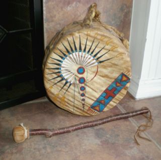 Vtg Signed Dated Handmade Native American Animal Hide Wood Drum Handle & Beater