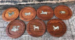 Set Of 7 Vintage Teak Wood Coasters Handcrafted Mother Of Pearl Inlaid Animals