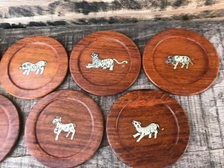Set of 7 Vintage Teak Wood Coasters Handcrafted Mother Of Pearl Inlaid Animals 2