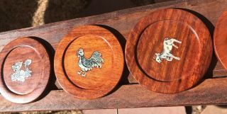 Set of 7 Vintage Teak Wood Coasters Handcrafted Mother Of Pearl Inlaid Animals 4