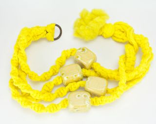 Vintage Yellow Macrame Plant Hanger W/ Large Chunky Ceramic Beads - Retro Boho