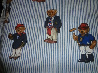 Vtg Lauren Ralph Lauren Polo Teddy Bear Full Size Flat Sheet Striped Bed Cover