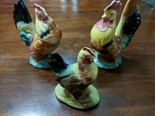 3 Vintage Royal Copley Rooster And Hen Farm Chicken Ceramic Pottery Figurines
