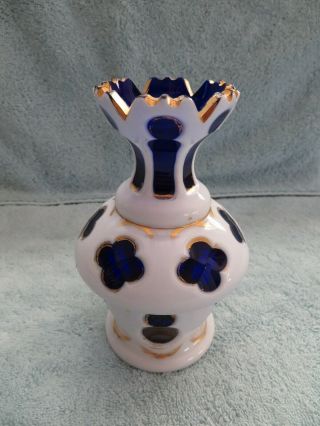Vintage White Cased Glass Cut To Cobalt Blue Glass Vase With Gold Decoration