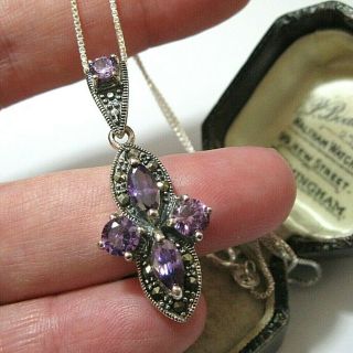 Vintage Style Jewellery Solid Silver Amethyst Crystal Marcasite Pendant Necklace