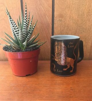 Vintage Leo Coffee Mug Black Gold Milk Glass Federal Glass Zodiac Astrology