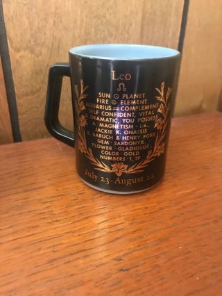 Vintage LEO Coffee Mug Black Gold Milk Glass Federal Glass Zodiac Astrology 5