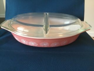 Vintage Pyrex Pink Daisy Divided 1.  5 Qt Casserole Dish With Lid