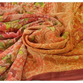 Sanskriti Vintage Yellow Saree Pure Georgette Silk Printed Sari Craft Fabric 4