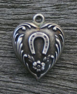 Vintage Sterling Puffy Heart Charm - Horseshoe With Flower & Swirls Border