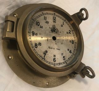 Vintage Brass Ship ' s Clock Porthole Marine Nautical 24 - Hour Time Maritime As - Is 3