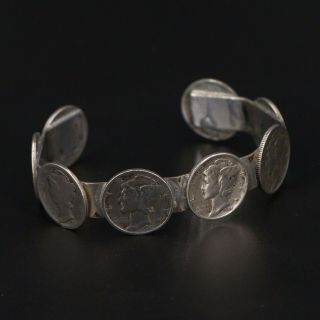 Vtg Sterling Silver - Us Mercury Dime Coin Cluster 6.  75 " Cuff Bracelet - 34g
