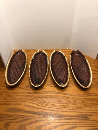 4 Vintage Mccoy Brown Drip Corn On The Cob Plates Holders 7316