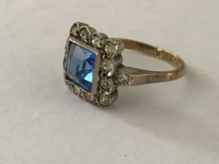 Vintage 9 Ct Gold Silver Art Deco Blue Paste Dress Ring.  M / N