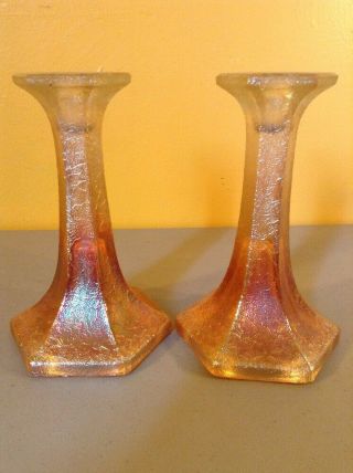 Vintage Set Pair Imperial Orange Marigold Carnival Glass Candlesticks Crackle