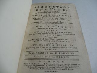 Kimber and Johnson: THE BARONETAGE OF ENGLAND.  Complete 3 Vols.  1st edn.  1771 4