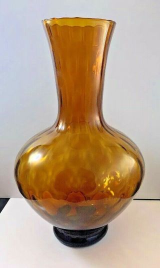 Vintage Large Amber Art Glass Vase Optic Hand Blown 12.  5”