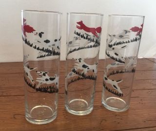 3 Vintage Libbey Fox Hunt Tally Ho Tall Cooler Glasses Dog Chase Mid Century