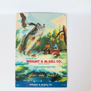 Wright And Mcgill Vintage Tin Fishing Advertising Sign - 16 " X 11 "