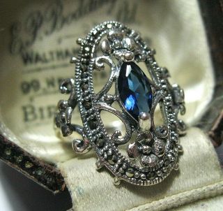 Vintage Art Deco Design Sterling Silver Marcasite Sapphire Crystal Ring K 1/2
