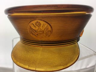 Vintage Trinket/jewelry Box/dish Amber Glass Military Hat Shaped W/ Medallions