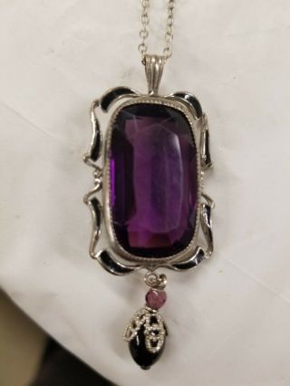 Vintage Amethyst Necklace Glass Amethyst Pendant Sterling Chain Silver Necklace