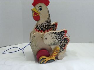 Vintage Fisher Price Cackling Hen Pull Wooden String Chicken Toy 120