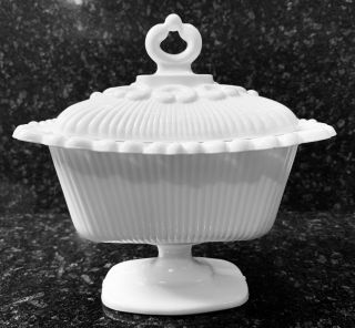Milk Glass Vintage Indiana Glass White Laced Edge Oblong Covered Candy Dish