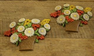 Vintage Syroco Wall Hanging Plaque Basket Flowers Retro Daisies Yellow 7385