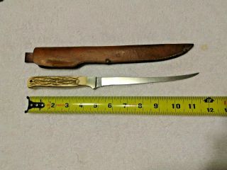 Vtg Uncle Henry Schrade 167 Fillet Knife With Staglon Scales And Leather Sheath