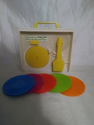 Vtg Fisher Price Sesame Street Music Box Record Player 5 Records Wind Up Toy