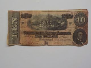 Civil War Confederate 1864 10 Dollar Bill Richmond Virginia Paper Money Vtg Note