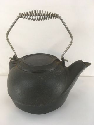 Vtg Heavy Cast Iron Black Swivel Lid Coil Wire Handle Tea Coffee Kettle Pot