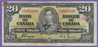 1937 Bank Of Canada $20 Twenty Dollar Bank Note Vintage Note H/e5893900
