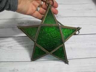 Vintage Brass & Green Glass Hanging Star Tea Light Holder W/chain Christmas