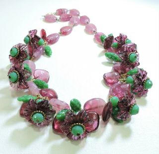 Vintage Pink And Green Lampwork Art Glass Bead Necklace Au19227