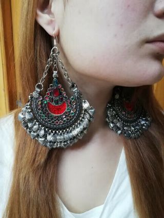 Large Old Vintage Colourful Kuchi Gypsy Tribal Jewelled Earrings