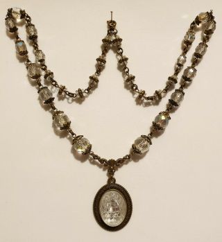 Vintage Art Deco Style Aurora Crystal Bead Egyptian Revival Scarab Necklace