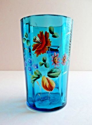 Vintage Blue Glass Handled Tumbler Cup Mug Hand Painted Flowers With Gold Trim
