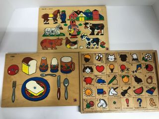 3 Vintage Wood Puzzles Steinmeier Lighthouse Toys Farm 2171 Food 2195 Alphabet