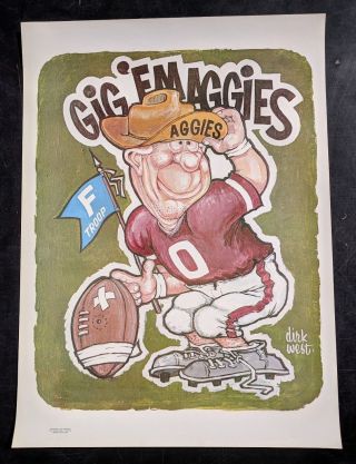Vintage 1972 Texas A&m Aggies Poster - Dirk West Cartoon Mascot Football Tamu