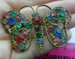 Vintage Art Deco Costume Jewellery Czech Diamante Multi Colour Brooch Butterfly
