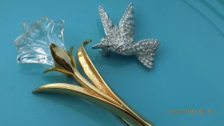 2 Vtg Swaroski Crystal Rose And A Bird In Flight Brooch Pin Both Swaroski