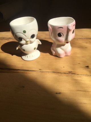 Vintage EGG CUPS Pink Elephant And A Chick Retro 1950s - 60s Ceramic 2